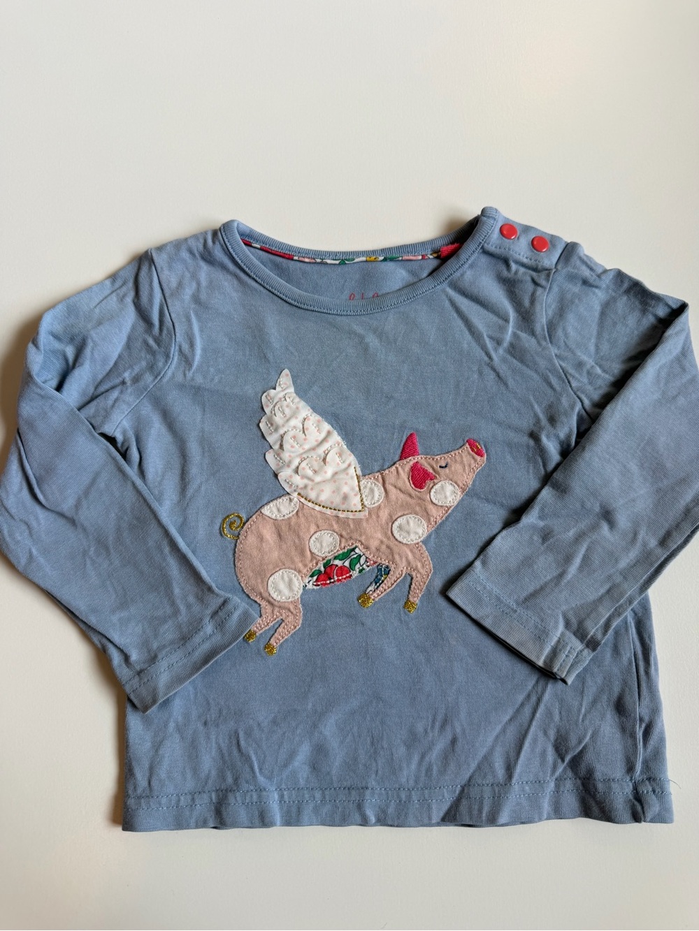 Baby Boden Blue Long-Sleeve Top with Winged Pig Applique